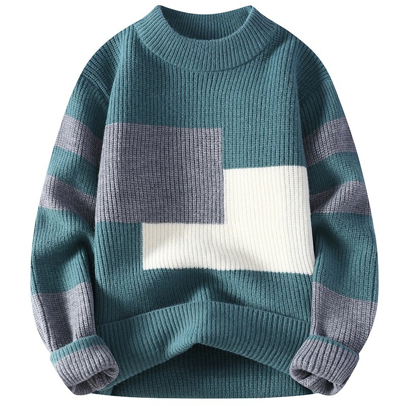 Sweater hangat pria, sweater pullover wol gaya Korea musim dingin 2024, sweater modis pola warna sambungan pria