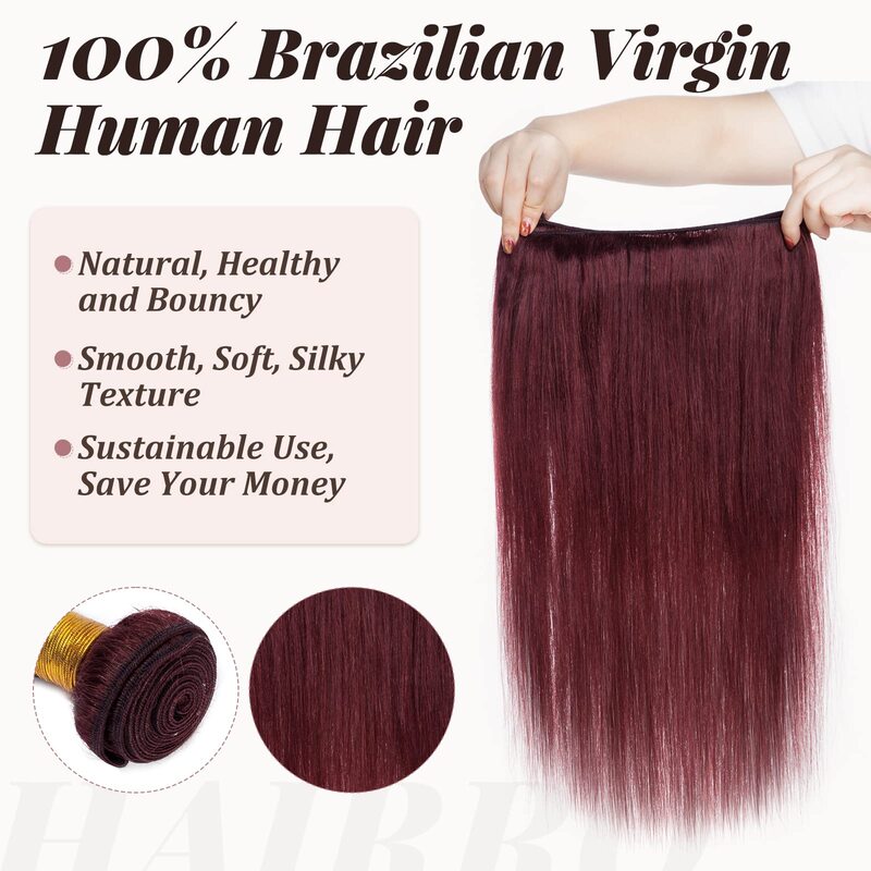 Extensions de Cheveux Humains Brésiliens Remy, Tissage de 16 à 28 Pouces, Longs, Soyeux, Lisses, Non Traités, Vierges, Rouge Vin # 99J, pour Femme
