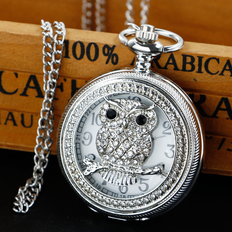 Owl Diamond Embossed ออกแบบนาฬิกาควอตซ์เงิน/ทอง/ทองคำสีกุหลาบประณีต Unisex สร้อยคอแฟชั่นจี้ของขวัญ