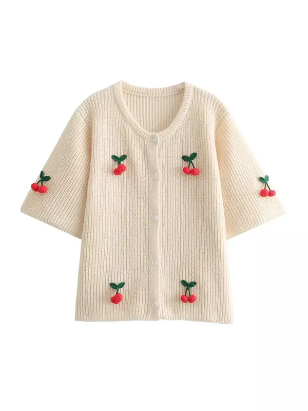 Suéter de punto de media manga con cerezas en 3d para mujer, cárdigan holgado de un solo pecho con cuello redondo, abrigo elegante para primavera y verano