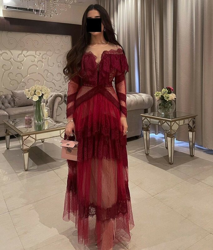 Koendye Daudi-vestidos de graduación de manga larga para mujer, Vestidos de Noche de banquete especiales, tul de encaje escalonado, Burdeos, fiesta de Arabia Saudita
