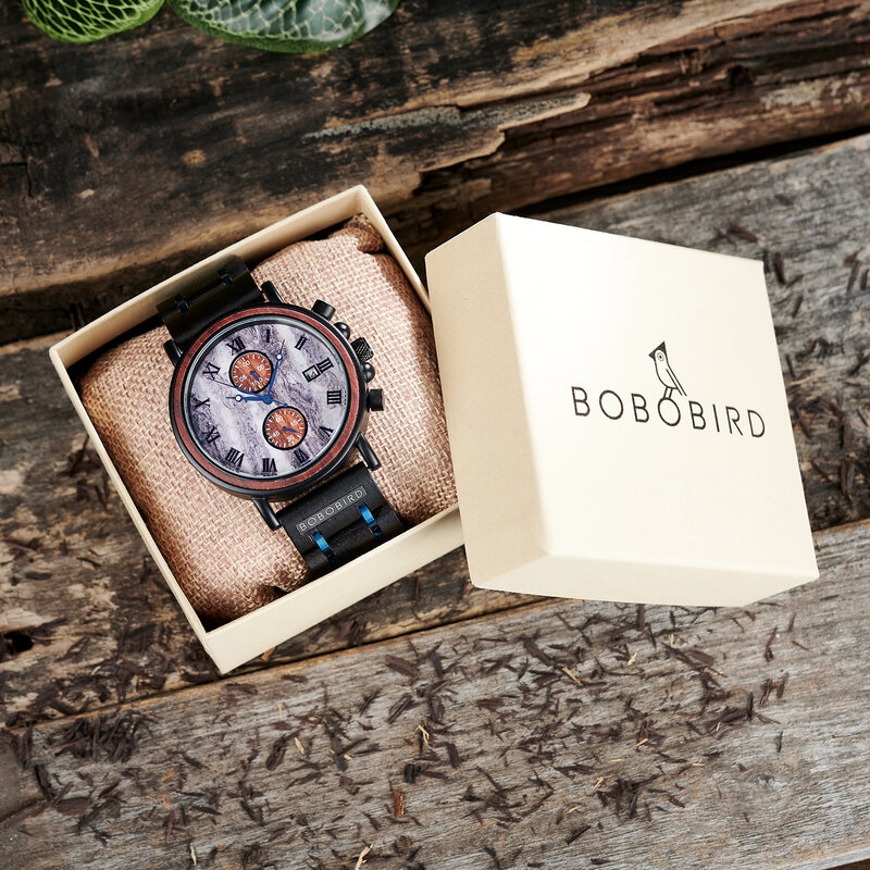 BOBO BIRD 남성용 맞춤형 목제 쿼츠 손목시계, 야광 포인터 포함, 다기능 다이얼 달력 선물