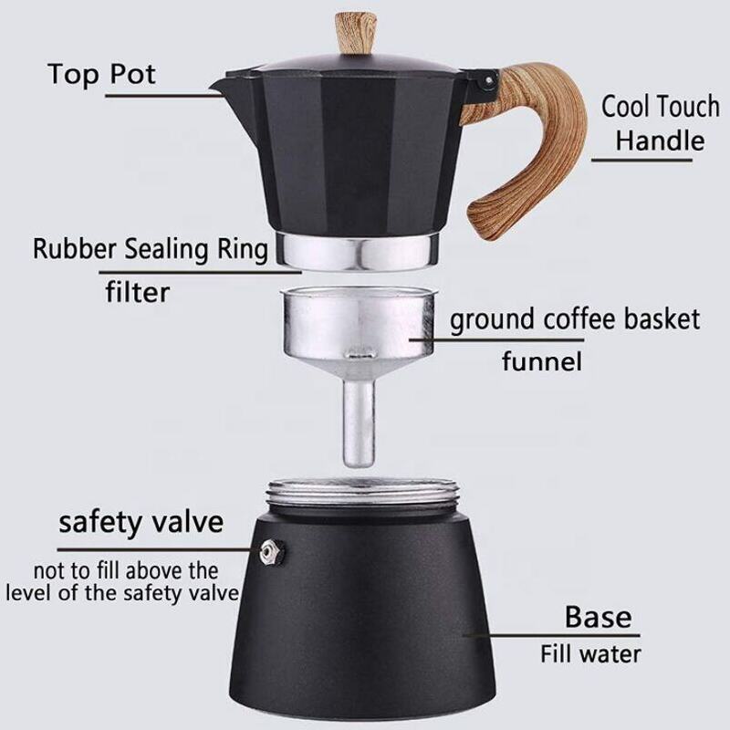 Máquina De Espresso De Fogão De Alumínio, Moka Pot Com Cabo De Grão De Madeira, Estilo Italiano, Copo, 3 ou 6