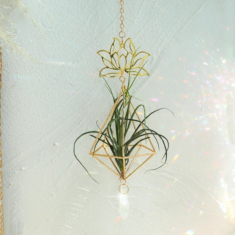 Porte-plante en forme de Lotus géométrique, en métal, avec chaîne en cristal, décoration moderne pour la maison, cadeau de noël ou de mariage