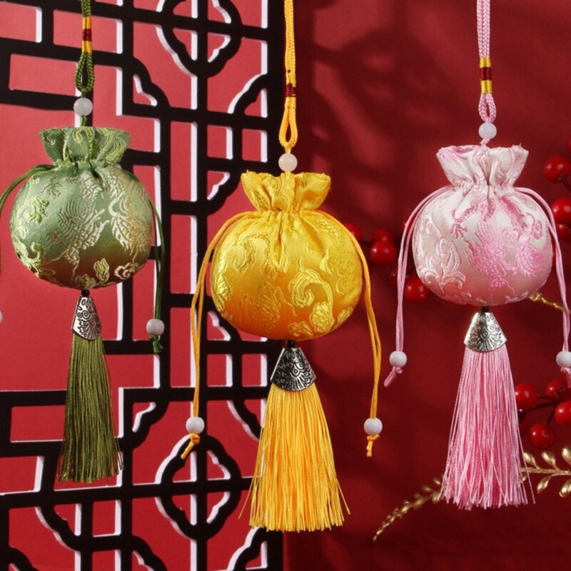 Bolsita de estilo chino con bordado de dragón y flores para niños, Bolso pequeño con borlas para colgar, decoración de dormitorio, monedero, paquete de bolsillo