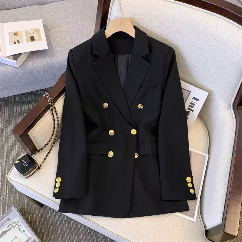 Черный женский костюм, 1 шт., блейзер, Женская Весенняя офисная одежда для работы, деловая Повседневная Элегантная куртка с золотыми пуговицами, платье для выпускного вечера