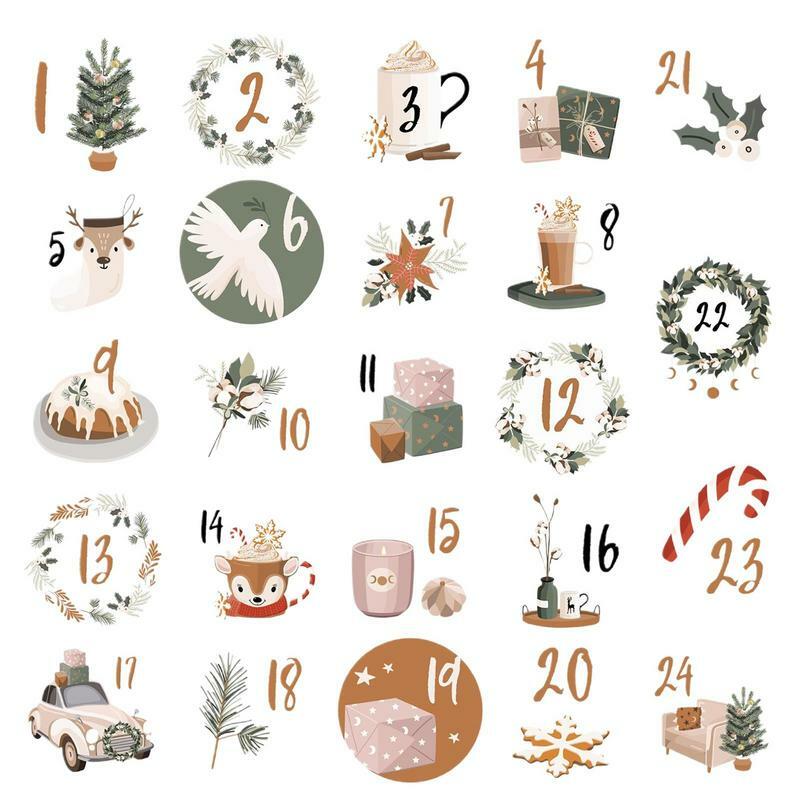 Pegatinas de sello de dulces de galletas, etiquetas de embalaje de regalo DIY, decoración de Navidad, Feliz Navidad, calendario de Adviento, número, pegatina de papel, 24 piezas por hoja