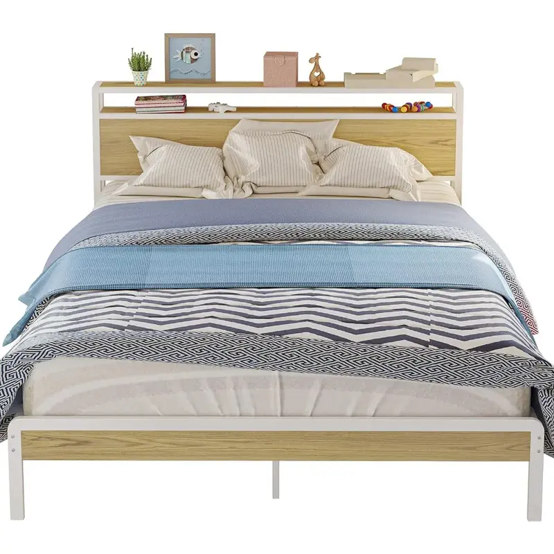 Muebles de dormitorio Marco de cama king, marco de cama de plataforma con cabecero de almacenamiento de 2 capas, resistente y estable, silencioso, blanco y log
