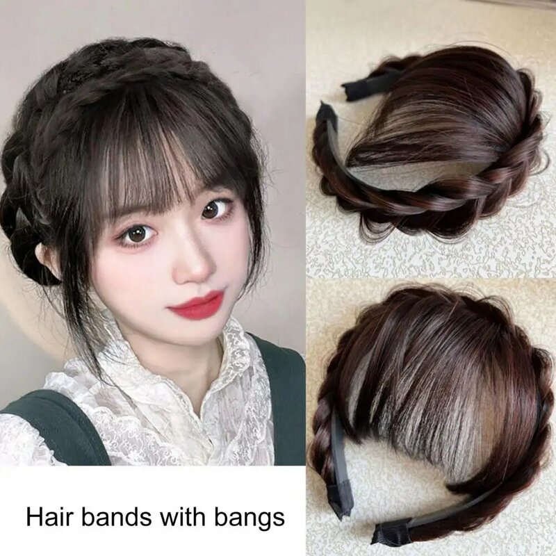 Women Hair Fake Headband Fringes Air Bangs Wig Japanese Style Braided Headband Bangs Wig Fake Bangs 3D French Bang Wig Headband