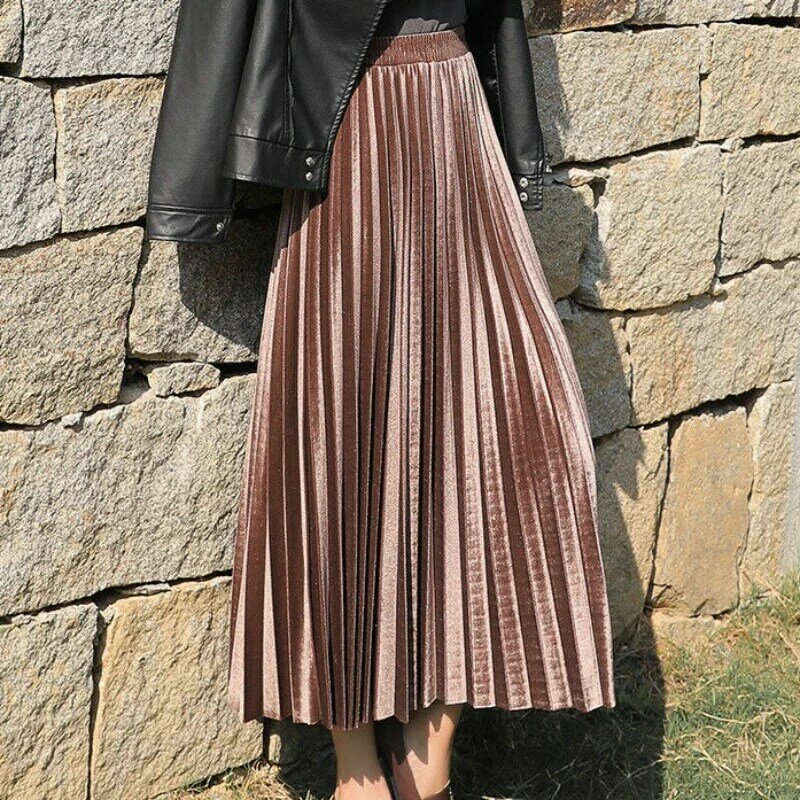 Jesienno-zimowa damska złoty aksamit długa spódnica damska elastyczna casualowa spódnice z wysokim stanem plisowana spódnica