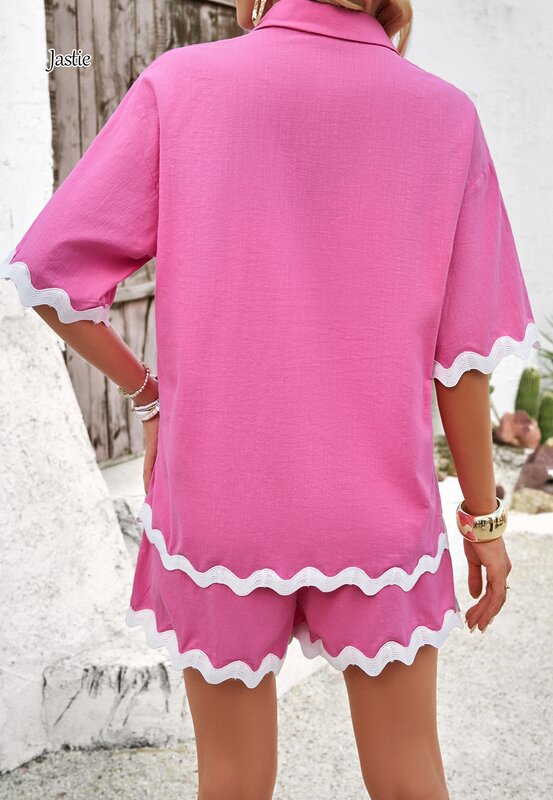 Jastie-traje informal de dos piezas para mujer, camisa de solapa decorada con encaje de Color sólido, Tops y pantalones cortos, traje de playa bohemio, 2024