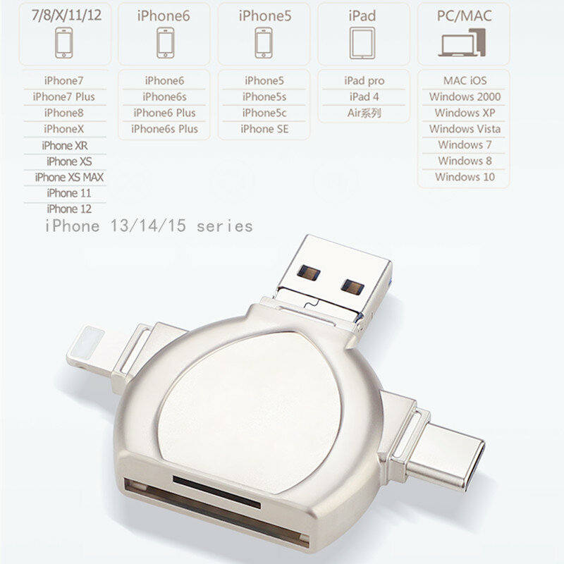Iluminação USB para TF SD Card Reader, Adaptador para Apple iPhone 14, 13, 3.0, OTG Card Reader, Camera Photo Transmission, Acessórios do telefone