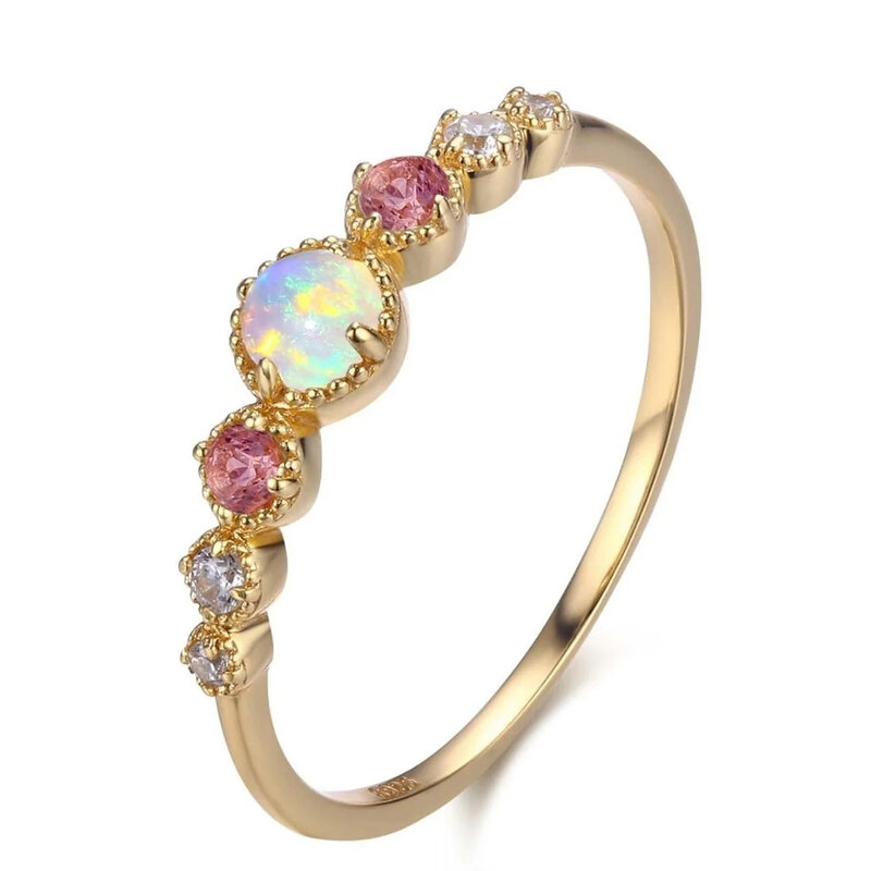 Monkton 14K ชุบทองแหวนโอปอลสำหรับผู้หญิง925เงินสเตอร์ลิงสีรุ้งเซอร์โคเนียแหวนหมั้นแหวนแต่งงานนิรันดร์