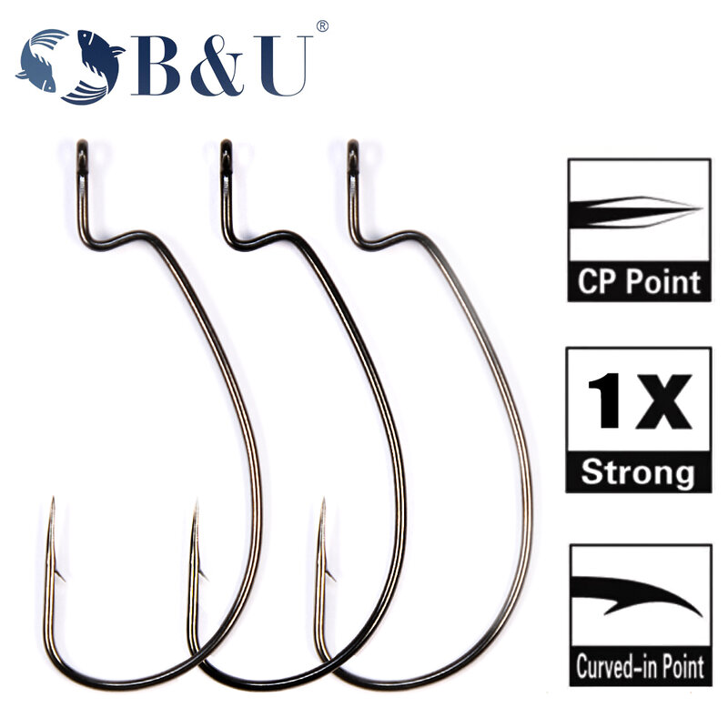 B&U Thin Wire Offset EWG Worm Hook with big rings Carbon Steel Crank Hooks Fishing Accessories For Soft lure tackle 12pcs