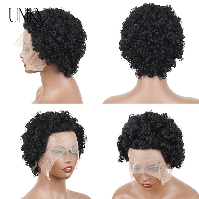 Peruca de cabelo humano frontal de renda transparente para mulheres, peruca brasileira encaracolada para água, peruca Borgonha Pixie Cut 99J