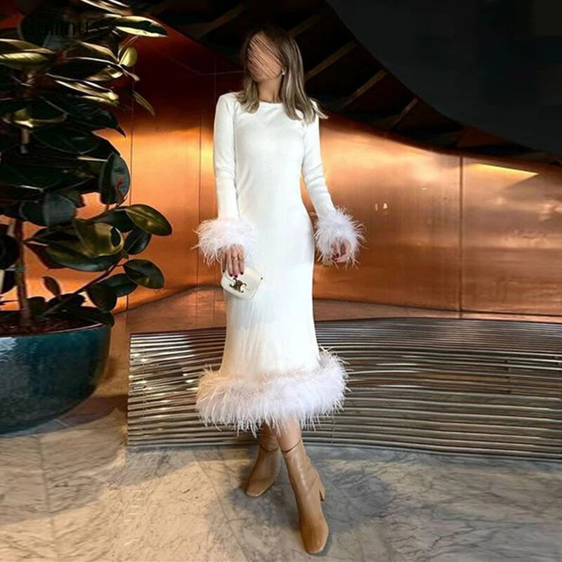 White Muslim Mermaid Evening Dress Arabic Prom Dresses Stain Feathers Long Sleeves Women Formal Occasion Dress Prom Gowns
