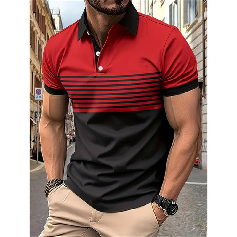 Men's Fashion POLO Shirt Stripe Contrast Printed Tshirt Summer Short Sleeved Lapel Premium Breathable Men's Fitness Top Pullover