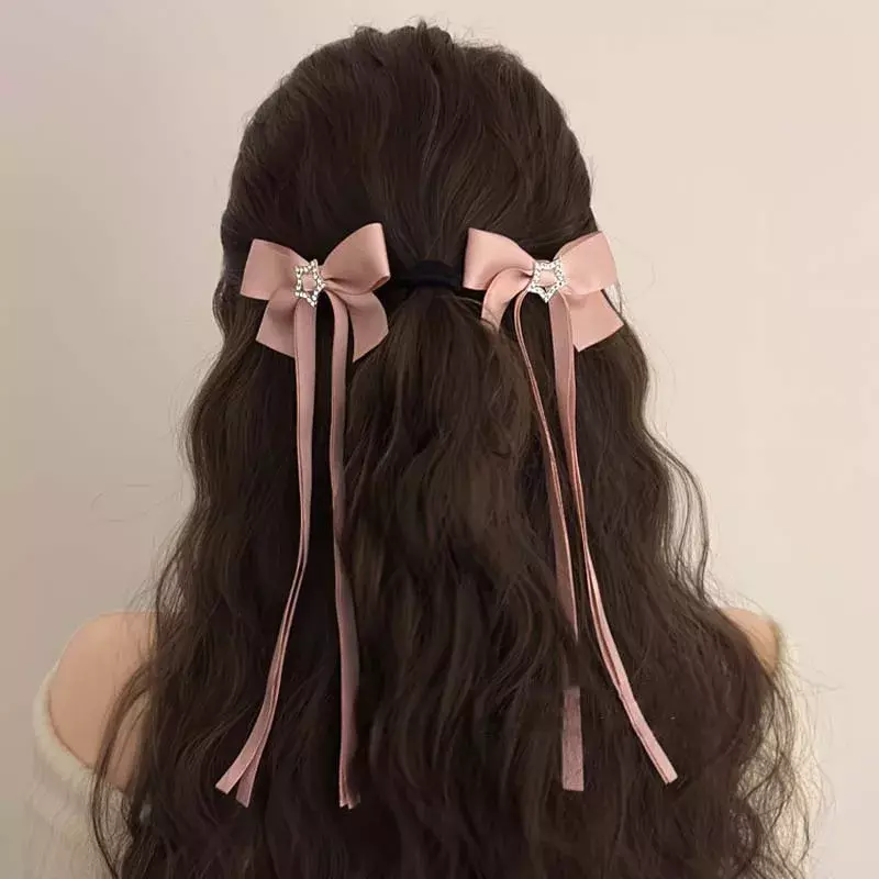 Vintage Pink Velvet Crystal Bow Hair Clip Long Ribbon Hairpin Barrettes Headband For Women Girl Hair Accessories Wedding Jewelry