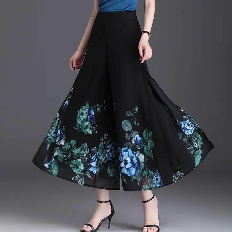 Letnie chińskie spodnie w stylu Vintage z szyfonu z szerokimi nogawkami kobiety z wysokim stanem nadruk patchworkowy guziki z kieszeniami w prostym przycięte spodnie