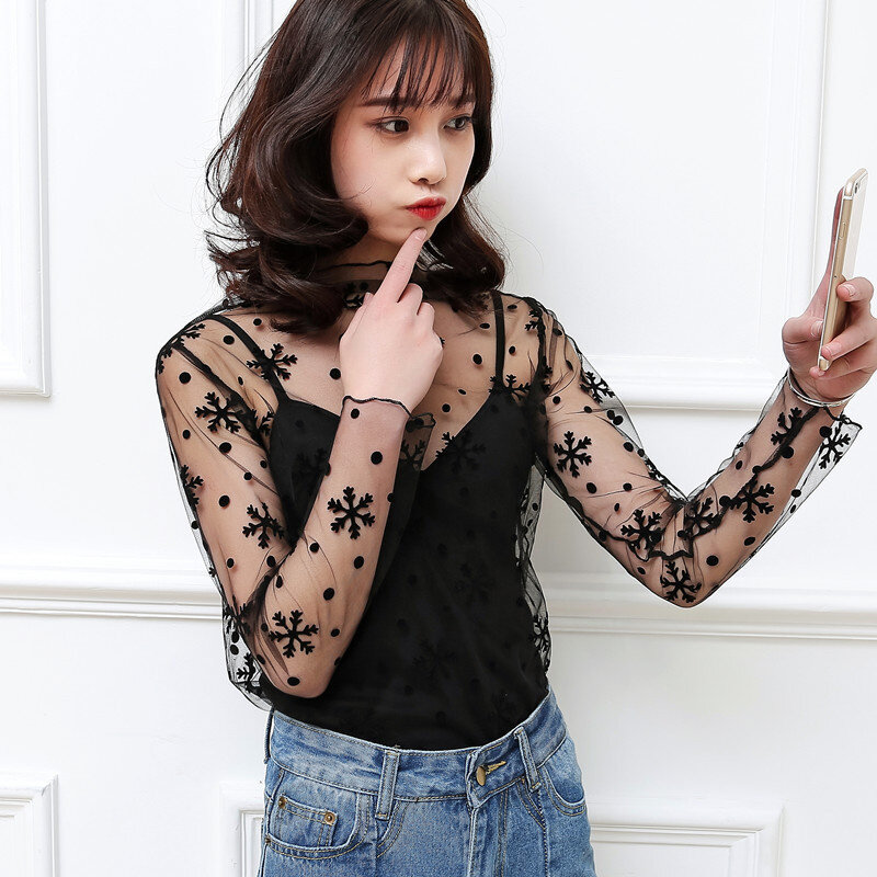 Women Half High Collar Lace Bottomed Blouse T-shirt Sexy Mesh Transparent Lace Tops O Neck Hollow Long Sleeve Sheer Tees