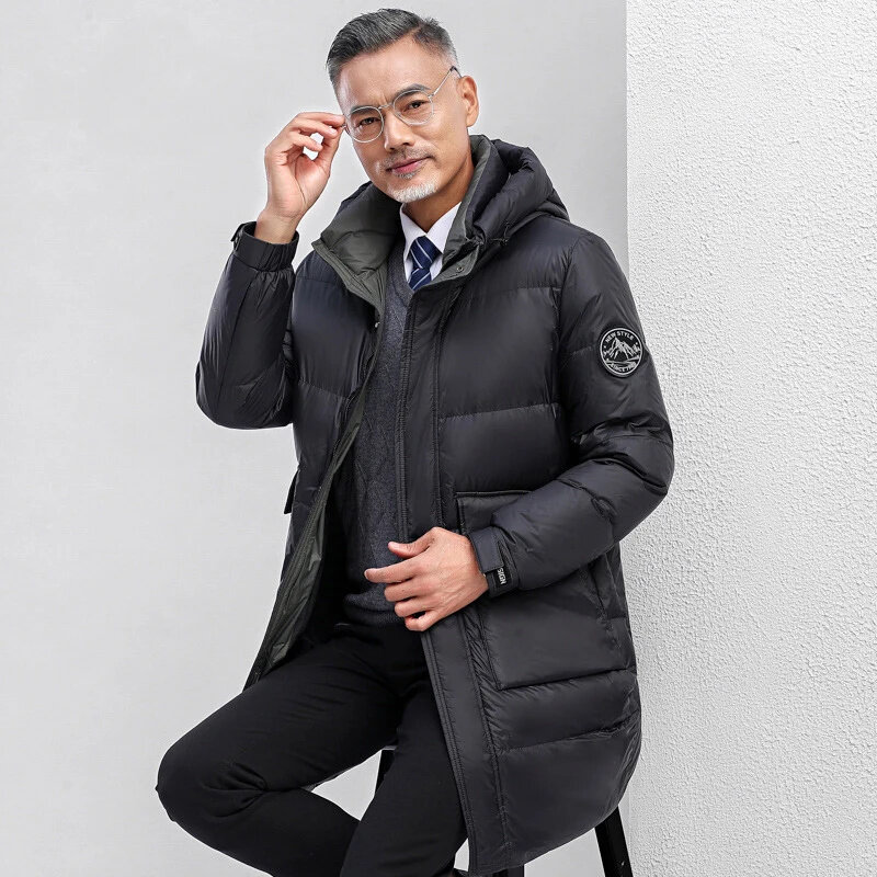 Hooded Winter Down Jacket Men Mid Long Puffer Jackets Thick Outdoor White Duck Warm Soft Coats Big Pockets Casual Black Parkas