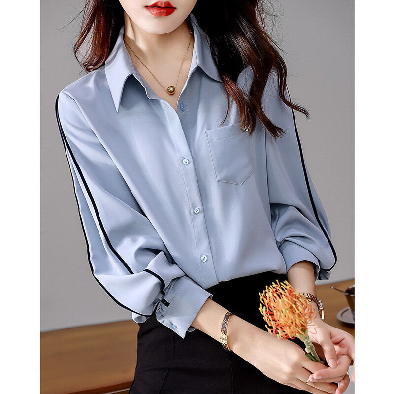 Simplicity Patchwork Pockets Blouse Office Lady Polo-Neck Solid Single Breasted Contrast Color Line Spring Autumn Women's Shirt