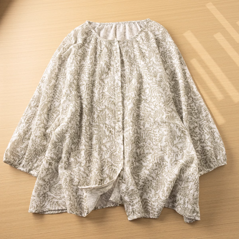 Blusa vintage de algodón para mujer, camisa de manga tres cuartos con estampado de hojas, talla grande, 2024