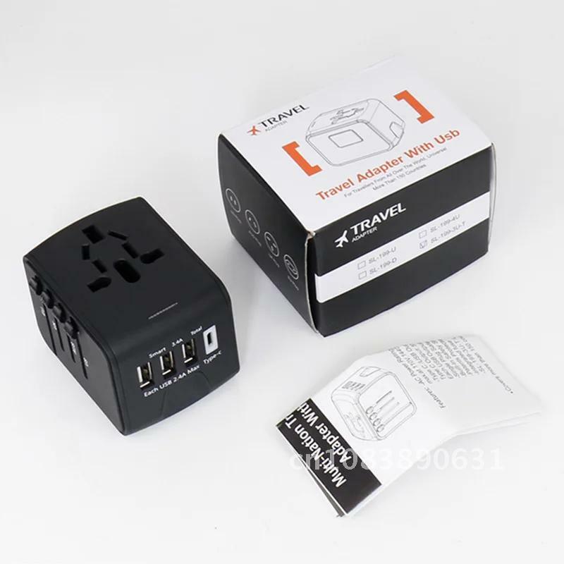 Soket adaptor perjalanan Universal internasional dengan pengisi daya dinding Tipe c dan 4 USB 6.3A untuk UK/EU/AU