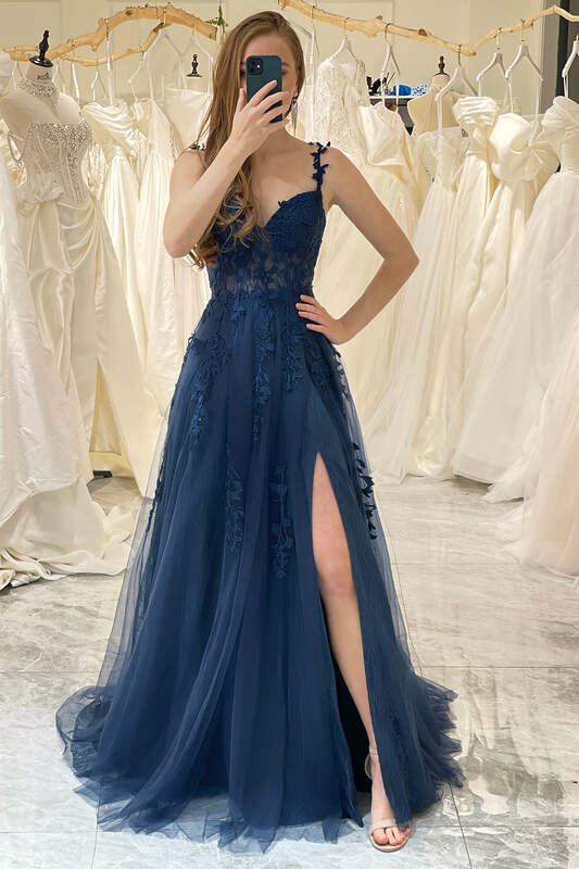 Темно-синее Тюлевое платье А-силуэта с аппликацией милое вечернее платье на бретельках пикантное длинное платье принцессы с открытой спиной на молнии с высоким разрезом для выпускного вечера