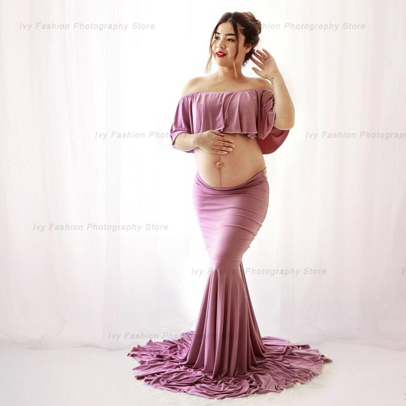Maternity Photography Props Stretch Cotton Two Piece Floor Long Skirt Women Pregnancy Clothes Pregnant Photo Shoot Clothing