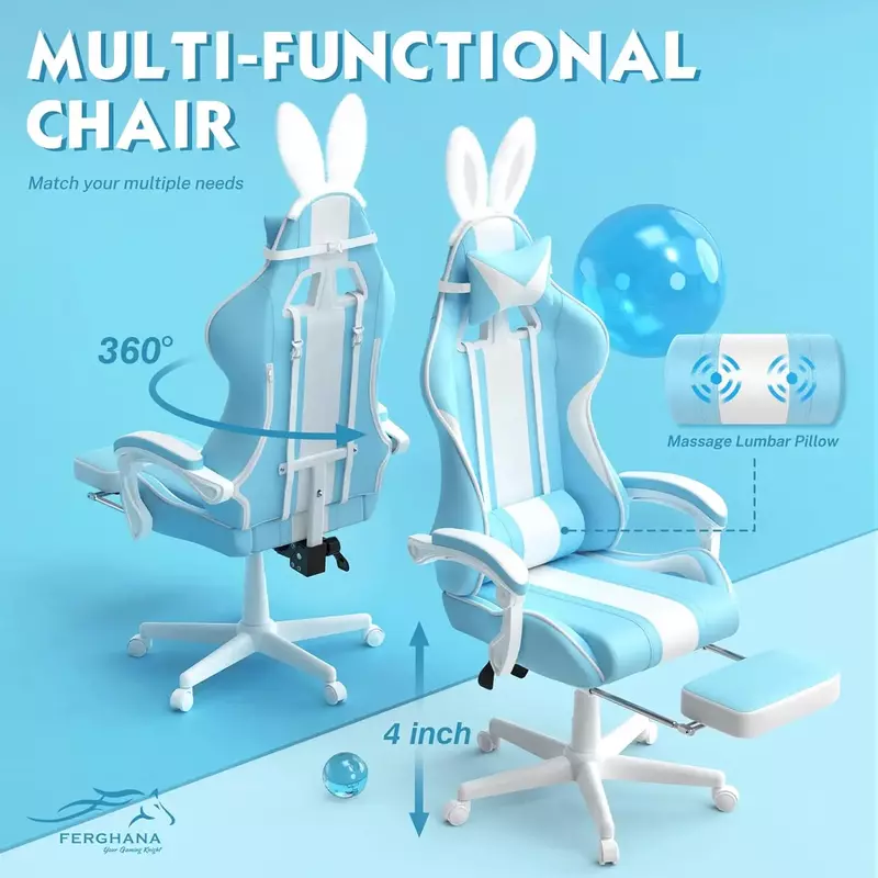 Kawaii hellblauer Gaming-Stuhl mit Hasen ohren, süßer ergonomischer Gamer-Stuhl mit Fuß stütze und Massage, Renn-Liege leder c