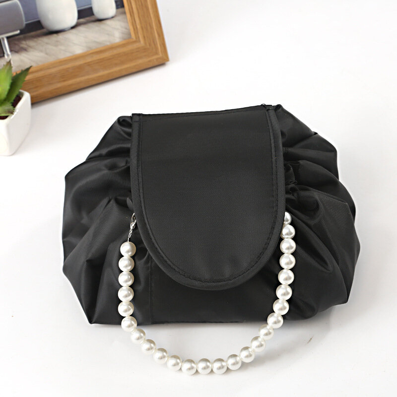 Bolsa de cosméticos con cordón para mujer, bolsa de almacenamiento de viaje portátil, color negro, diseño de perlas, estuche de maquillaje, bolso de mano