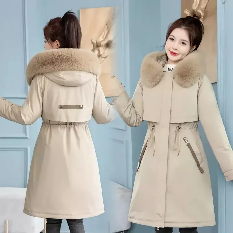 Winter jacke Frauen langen Mantel koreanische Mode Parkas mit Pelz kragen warmen Liner Schnee tragen gepolsterte lässige Frau Kleidung neu 2024