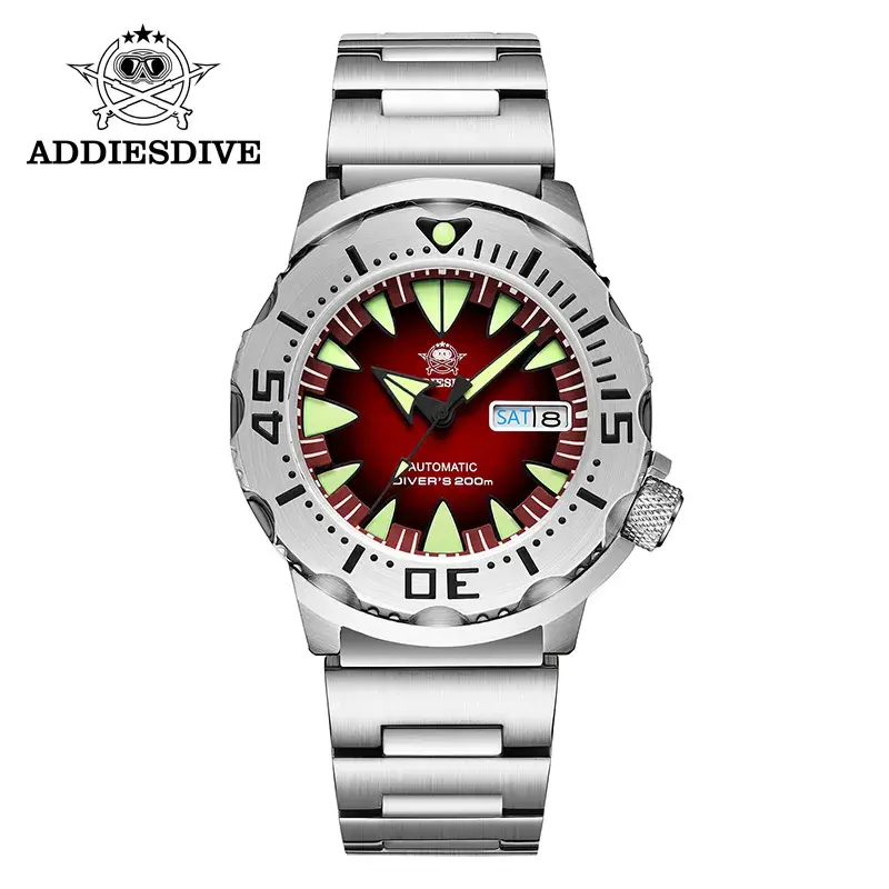 Addiesdive Monster Automatische Mechanische Horloges Voor Mannen Nh36 Saffier Roestvrij Staal Keramische Bezel 200M Waterdicht Duiker Horloge