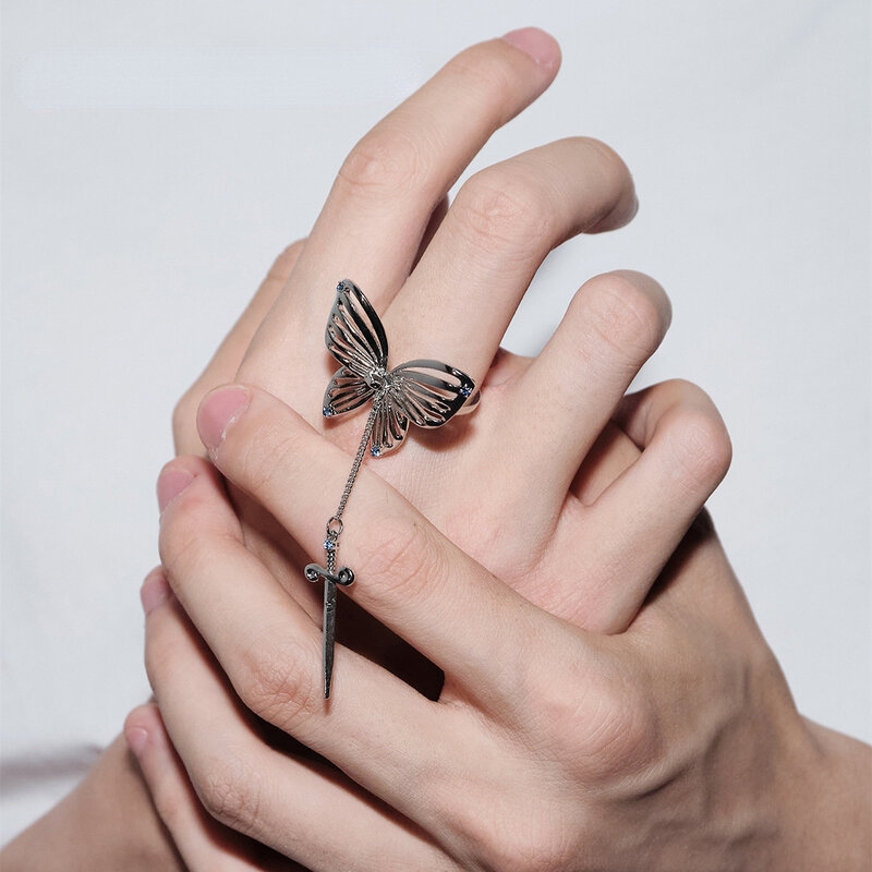 Vintage Hip-Hop Punk Metal Hollow Butterfly แหวน Unisex แหวนปรับขนาดได้จัดเลี้ยงเครื่องประดับของขวัญ