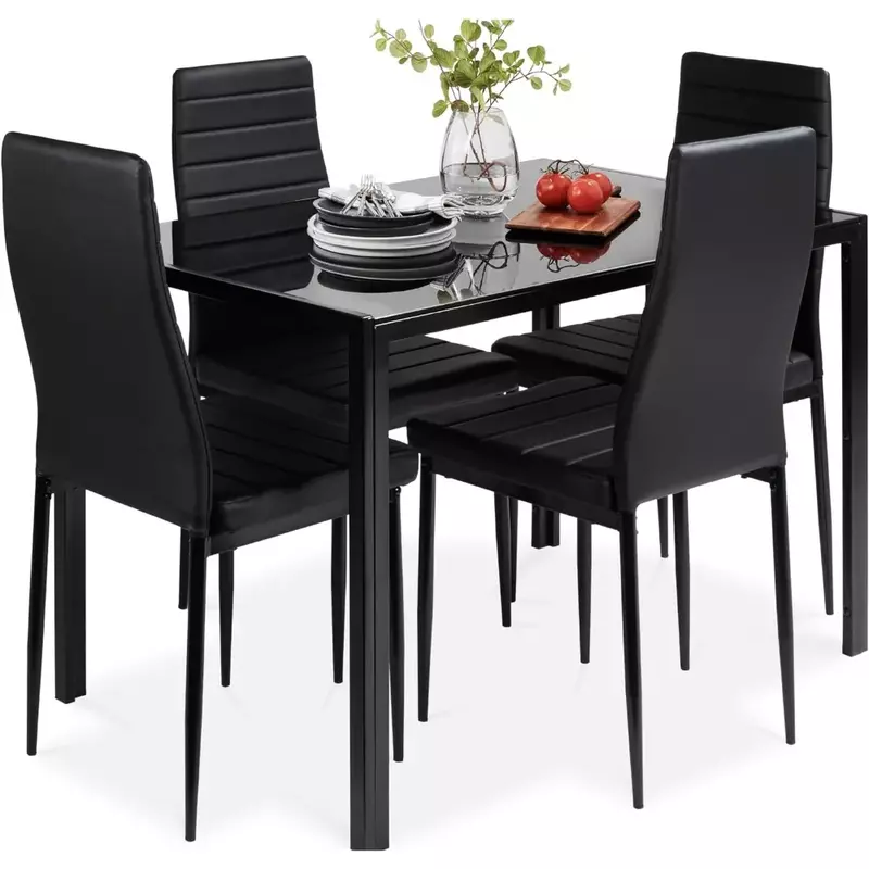 5-Piece Glass Dining Set, Modern Kitchen Table Furniture for Dining Room, Dinette, Compact Space-Saving w/Glass Tabletop