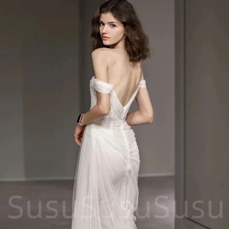 2023 New Simple Sweetheart Tulle Wedding Dress Illusion Cap Sleeves Mermaid Side Bridal Gown Split Back Robes De Marié