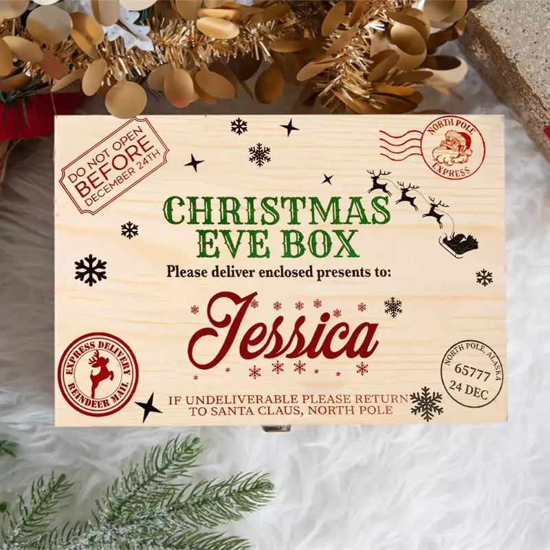 Caja de Nochebuena con nombre personalizado para niños y niñas, cajas de recuerdo de Navidad, estuche de vacaciones de madera, regalos de Navidad para niños