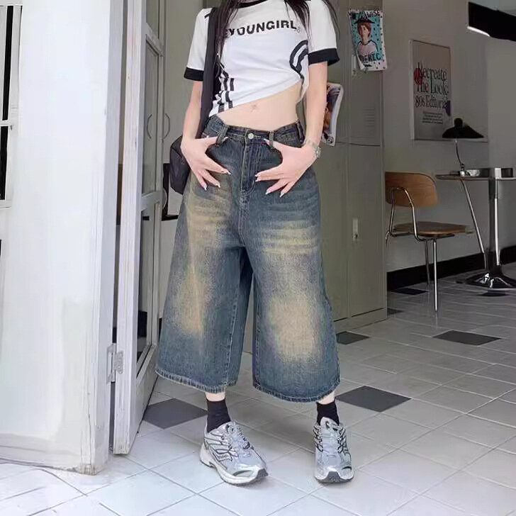 2024 jeansy Streetwear w stylu Y2k luźne jeansowe spodnie damskie szerokie nogawki krótkie modne dżinsy z wysokim stanem do kolan damskie