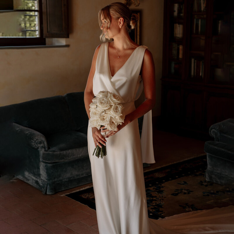 A Line Drape Satin Open Back Wedding Dress Long Train Shoulder Wing Cross Made To Order V Neck Sleeveless Simple Bridal Gowns
