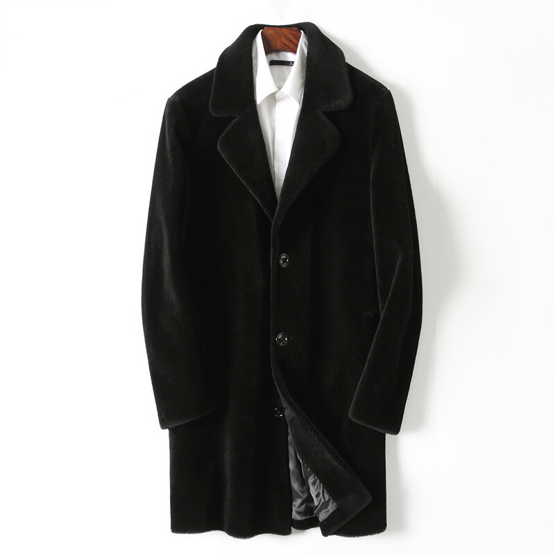 2022 Men Winter Fashion Warm Real Sheep Shearing Jackets Men Long Real Wool Overcoats Male Single Breasted Solid Coats A324