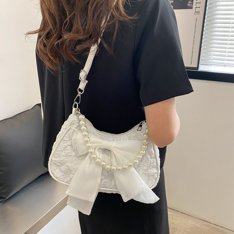 Women's Solid Adjuestable Bow Crossbody Bags Female Retro Luxury Pearl Chain Handbag Fashion Canvas 2024 Trend Shoulder Bag
