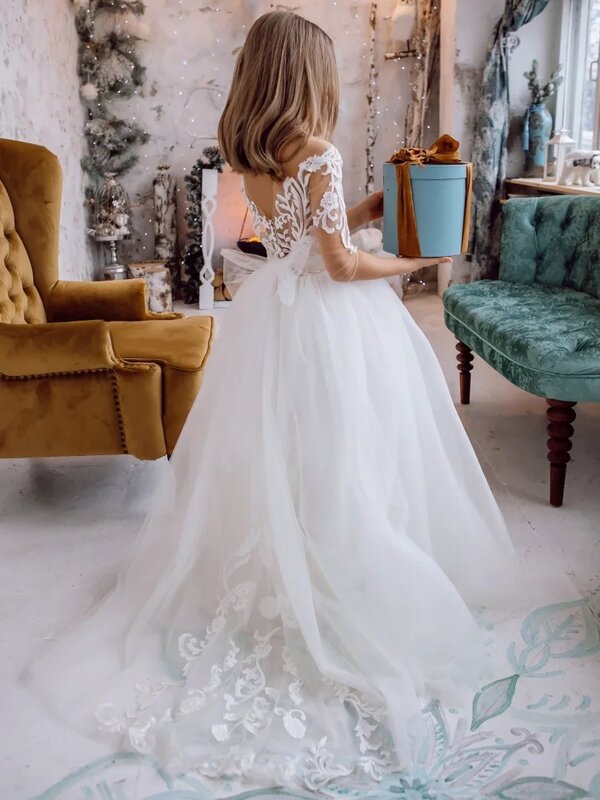 Aplikacje koronkowe tiulowa kwiecista sukienka dziewczęca z 3/4 rękawem sukienka na przyjęcie urodzinowe ślubna dla dzieci księżniczka suknia pierwszej komunii