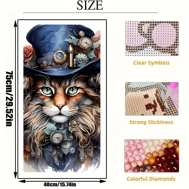 DIY 다이아몬드 페인팅 스팀펑크 고양이 그림, 라인석 풀 라운드 다이아몬드 모자이크 자수, 동물 예술 홈 장식, 40x75cm, 1 개