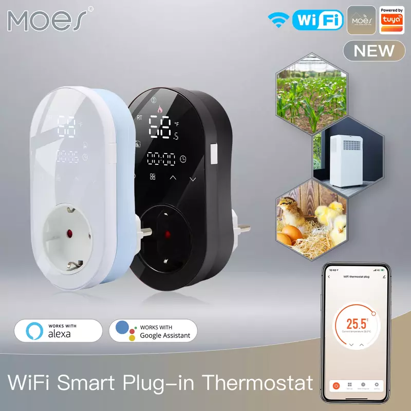 MOES-termostato LED inteligente con WiFi, enchufe de salida, modo de calefacción y refrigeración, 16a, Control remoto por aplicación, Compatible con Alexa y Google Home