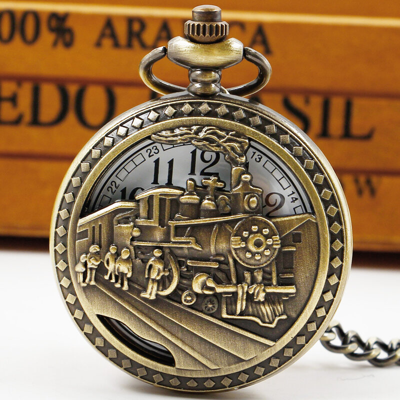 Retro Vintage Bronze Hollow Train Locomotive Steampunk Quartz Pocket Watch Necklace Pendant with Chain Birthday Gift for Men Wom