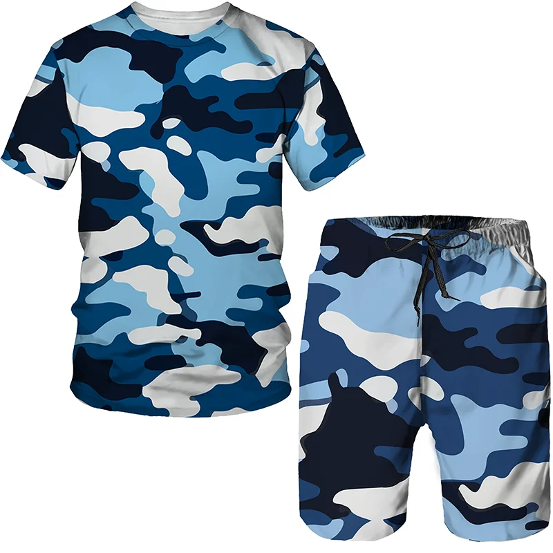 Conjunto de camiseta con estampado de graffiti 3D para hombre y mujer, ropa deportiva de verano, top de camuflaje, pantalones cortos, moda informal