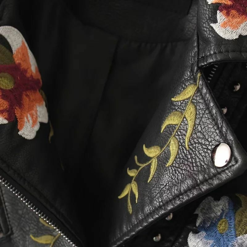 Wiosenne jesienne kwiaty na co dzień haftowane ze skóry Pu krótka kurtka damska z kołnierzem z nitami z zamkiem błyskawicznym motocyklowe płaszcze