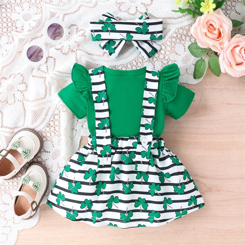 Infant Baby Girl St Patricks Day Outfit Short Sleeve Romper Clover Striped Suspender Skirt Headband Clothes Set