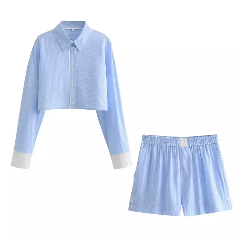 Camisa retrô listrada de lapela feminina, estilo casual curto, manga comprida com botão para cima, blusa chique, estilo novo e elegante
